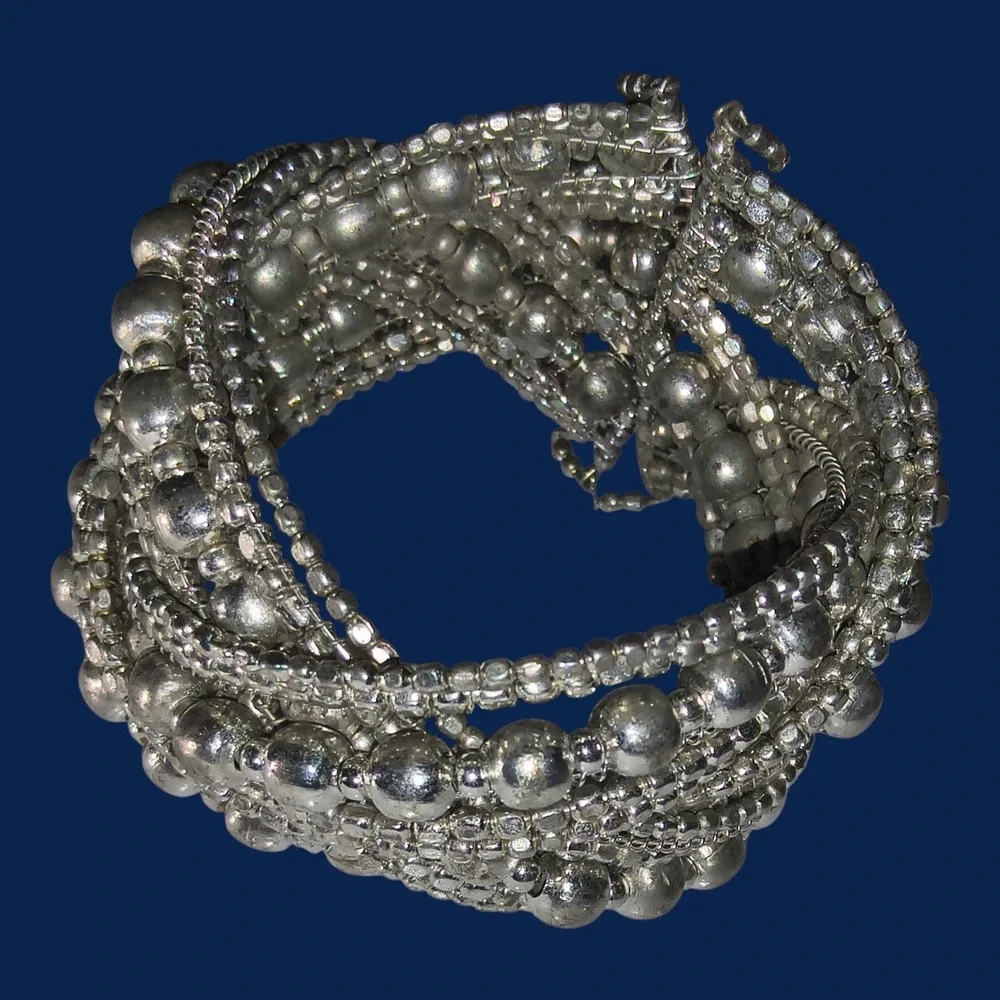 Silver Tone Boho Multi Strand Beaded Cuff Bracelet Wide Statement - Picture 5 of 8